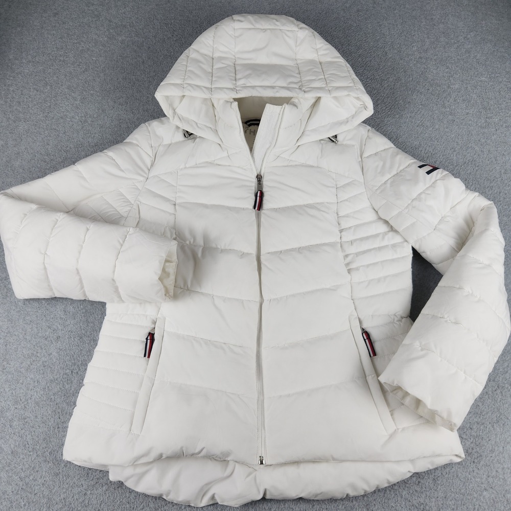 Tommy Hilfiger THFlex Puffer Jacket Womens Large White Packable Water Resistant